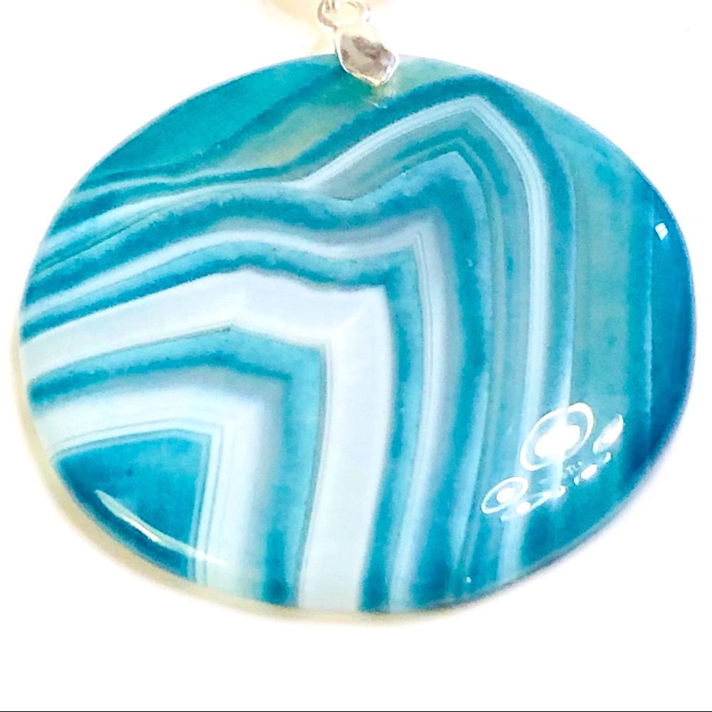 🏖Seaside Dream 🏝 Striped Onyx Agate Stone Necklace & Sky Blue Boho Earrings